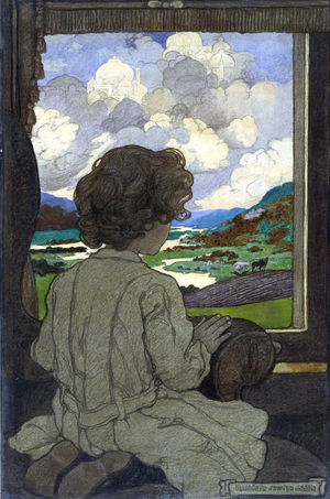 Illustration she's a young boy watching the countryside scenery from his seat in a train, 1903