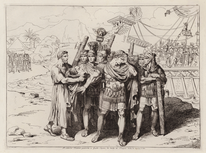 Theodotus showing the head pf Pompey to Julius Caesar, 48 BC (etching)