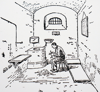 Illustration depicting a prisoner in his cell picking oakum, 1888 (engraving)