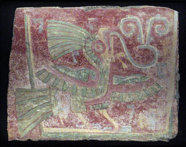 Mural fragment of a quetzal with singing virgula, Early Classic period, 200–600 AD (stucco & paint)