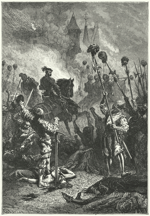 Florian Geyer after the massacre of the defenders of the castle of Weinsberg in the German Peasants' War, 1525 (engraving)