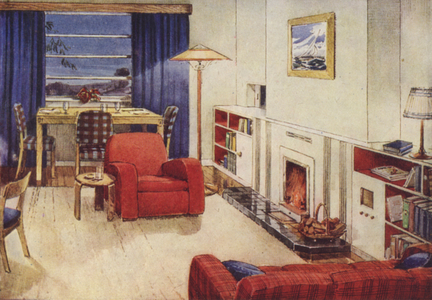 Living-room with dining area and solid fuel fire (colour litho)