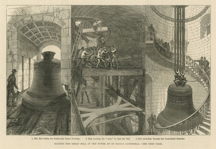 Raising the great bell in the tower of St Paul's Cathedral (engraving)