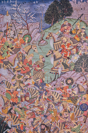 Siege of Ranthambhor, Chitor, by Akbar the Great, Miniature Painting, India, 1973