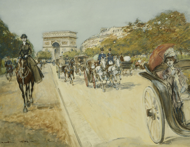 Elegant Figures Before the Arc de Triomphe, Paris, (watercolour, coloured chalks and bodycolour on card)