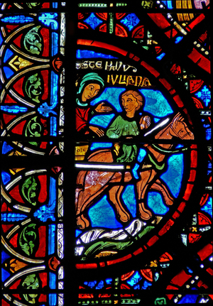 Window w15 depicting the story of St Stephen's relics: the relics are taken to Constantinople (stained glass)