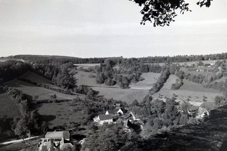 View of the tiled roofs of the town Rothenburg ob der Tauber embedded in a a beautiful natural landscape, Germany 1930s (b/w photo)