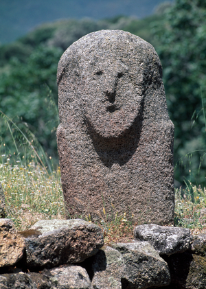 Anthropomorphic menhir statue, Filitosa prehistoric archaeological site, Corsica, France (photo)
