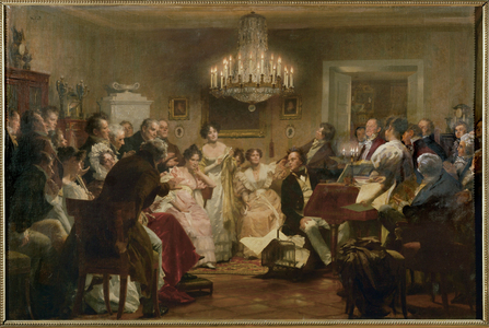 Schubert at the piano during a Schubert Evening in a Vienna salon … (oil painting)