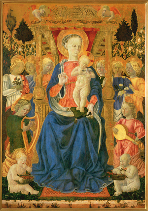 Virgin and child on the throne, with angels and putti (painting on wood)