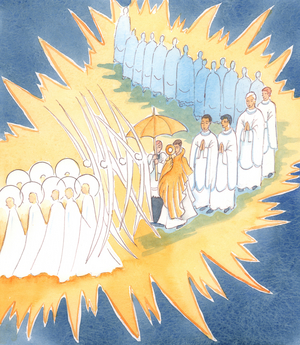 Whenever we honour the Presence of Jesus in the Blessed Sacrament the angels and saints join us in our worship, 2004 (w/c on paper)