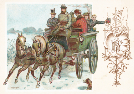 Galloping horses and stagecoach, New Year Card (chromolitho)