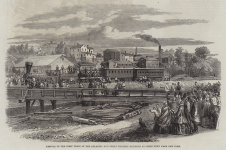 Arrival of the First Train of the Atlantic and Great Western Railroad at James Town from New York (engraving)