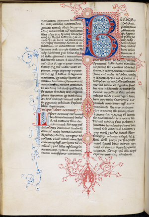 Puzzle initial 'B'(eatas) with pen-flourishing including foliate motifs extending between the columns and into the margins, at the beginning of book 8 of Hilary's De Trinitate