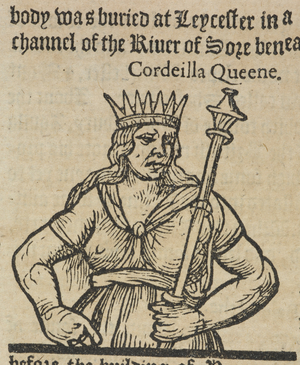 Cordeilla queene.
Woodcut portrait showing Cordeilla wearing the crown and holding a scepter of kingship.
Queen Cordelia was a legendary Queen of the Britons, as recounted by Geoffrey of Monmouth.