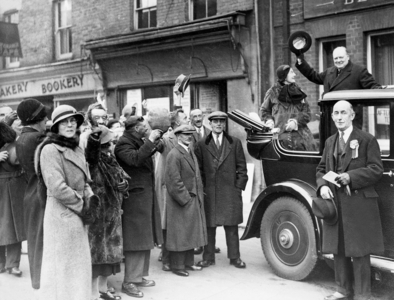 Winston Churchill during a campaign trip, 1935 (b/w photo)