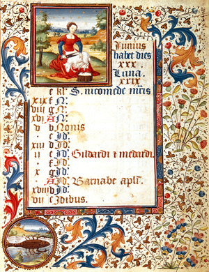 Months and zodiac : july, Cancer, sheep shearing, from French Book of Hours early 15th century
