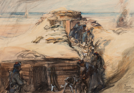 Nieuport: where the trenches reached the channel, 1915 (charcoal & w/c on paper)