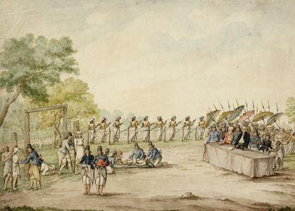 Dutch judge and Javanese rulers witnessing the execution and mutilation of criminals, Java, 1807 