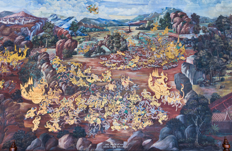 Mural depicting scenes from the Ramayana at Wat Phra Kaeo, the Royal Grand Palace, Bangkok, Thailand
