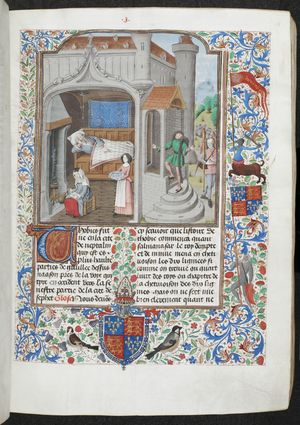 Royal MS 15 D I f.18r Women taking care of a sick man, 'Guyart des Moulins, La Bible historiale', c.1470-79 (ink, colour & gold on vellum)