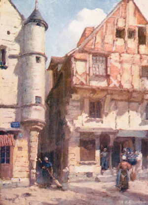 Old Houses at Chinon (colour litho)