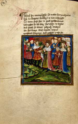 Miniature of Alkmund with his wife Siware and Edmund meeting his cousin, Offa, king of East Anglia, in John Lydgate's Lives of Saints Edmund and Fremund