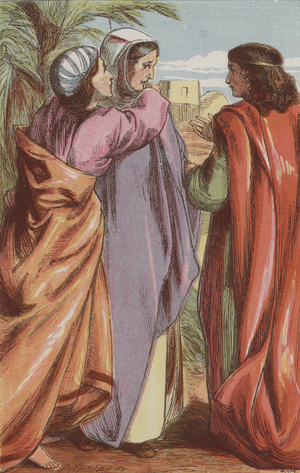 Orpah parting from Ruth and Naomi (coloured engraving)