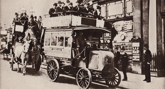 Horse and motor buses, London, 1906 (b/w photo)