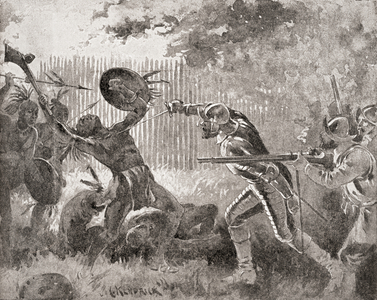 An incident during the Pequot War,  an armed conflict between the Pequot tribe and an alliance of the English colonists of the Massachusetts Bay, Plymouth, and Saybrook colonies and their Native American allies (the Narragansett and Mohegan tribes) which occurred between 1634 and 1638.   From The History of Our Country, published 1899