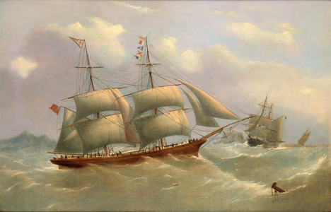 The Ellen Ashcroft of Whitehaven under reduced sail, in two positions off a rocky headland, c.1868 (oil on canvas)