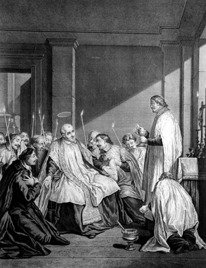 the last moments of St Vincent de Paul (1581-1660) , engraving