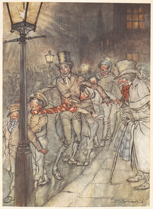Illustration of a street scene on Christmas Eve with Bob Cratchit and children.