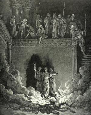 Hananiah, Mishael, and Azariah, Jewish men thrown into a furnace by the king Nebuchadnezzar II. They were preserved form harm. Engraving.