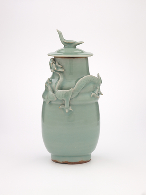 Funerary urn with dragon and cover, 1200s (green glaze, Longquan ware)