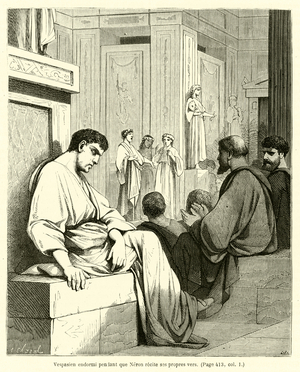 Vespasien sleeping with Nero claims his own verses (engraving)