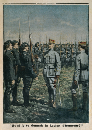 General Petain inspecting the 42nd Mountain Infantrymen Regiment, and what if I give you the Legion of Honour, back cover illustration from 'Le Petit Journal', supplement illustre, 23rd September 1917 (colour litho)