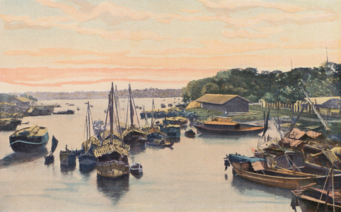 Boats on the river, Saigon, Vietnam (coloured photo)