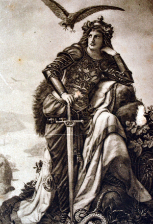 Never forgetful to the disgraceful peace of Versailles. A sorrowful expression on the face of Germania the symbol of German national identity, on a postcard from 1923