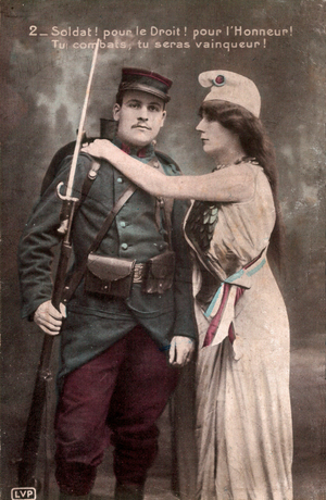 French WW1 postcard, 1915, hand-tinted photograph showing a French soldier and Marianne, symbol of France.