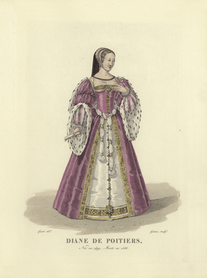 Diane de Poitiers, favourite of King Henry II of France (coloured engraving)