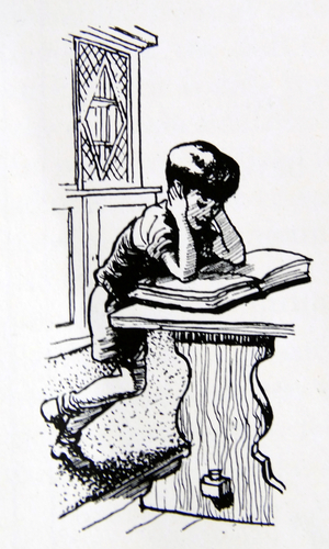 Illustration of a young boy standing and reading a book 1955