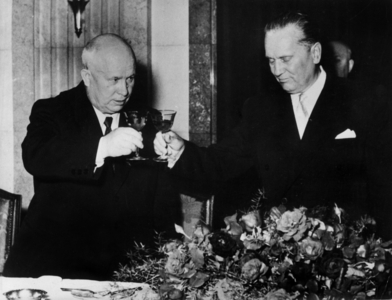 Yugoslavian President Tito and Soviet President Nikita Khroushtchev in Belgrade in May 1955 (b/w photo)