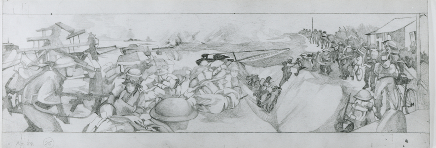 The British and Canadian assault is assisted by the 79th Armoured Division's bridging tanks on June 6th (pencil on paper)
