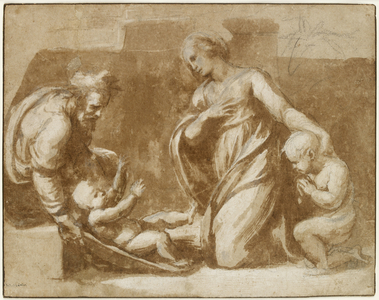 The Holy Family, WA1940.68 (brush drawing in brown ink, heightened with white bodycolour (partly oxidized), over black chalk on off-white paper)