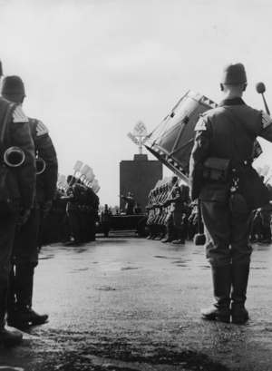 Adolf Hitler at the march of the RAD to the 1935 Nazi Party Congress (b/w photo)