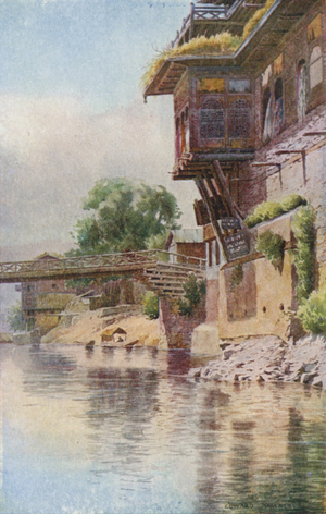Shawl Merchants' Shops, Third Bridge, Srinagar (colour litho)