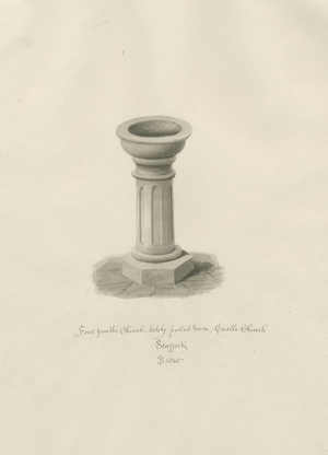 Castle Church - Font in Church: sepia drawing, 1845 (drawing)