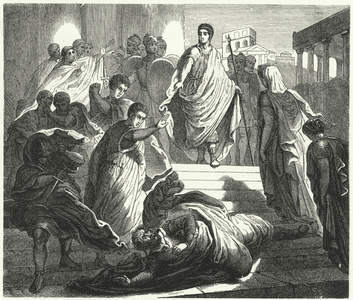 Tarquinius Superbus assassinating his father-in-law, Servius Tullus, to claim the Roman throne (engraving)