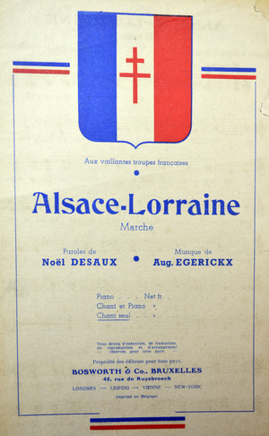 Cover of French patriotic song sheet 'The Alsace-Lorraine march' The cross of Lorraine (symbol of Free French Army is shown).